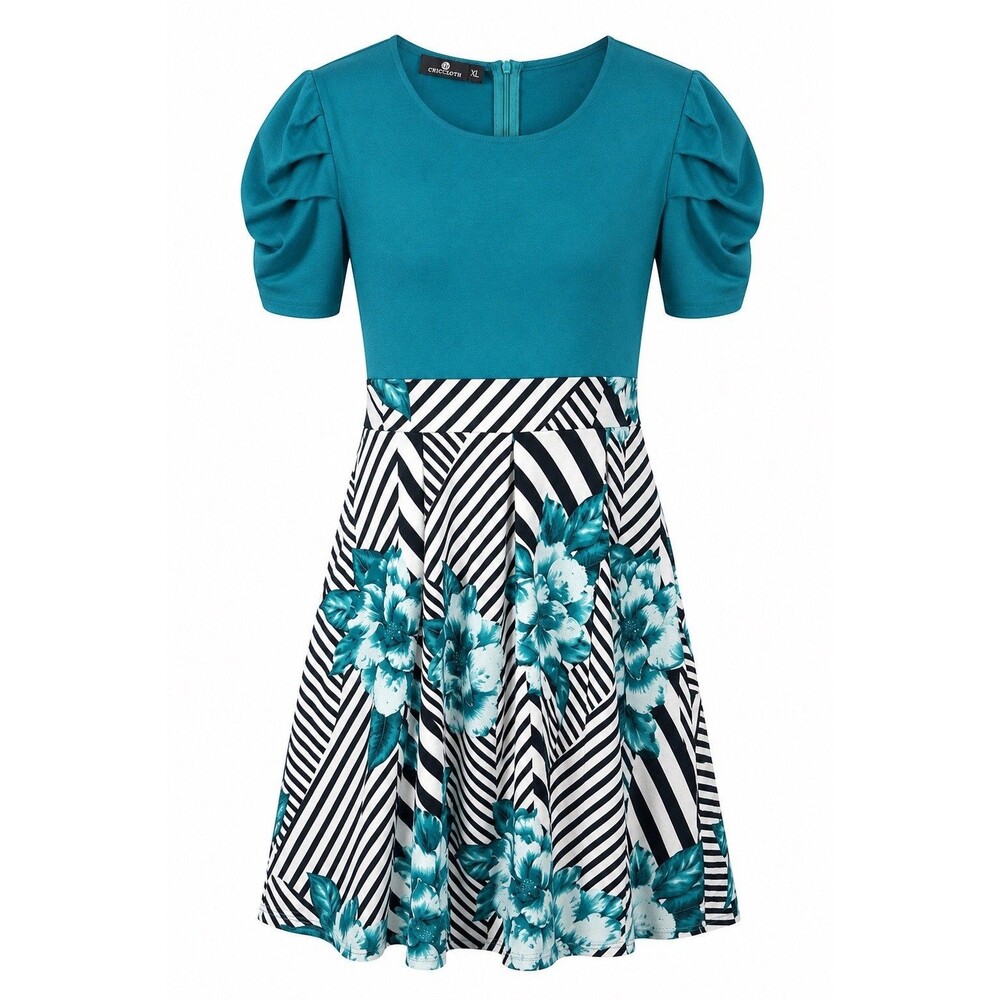 Chiccloth Women's Short Puff Sleeve Floral Fit & Flare Dress Teal/Floral Size XL